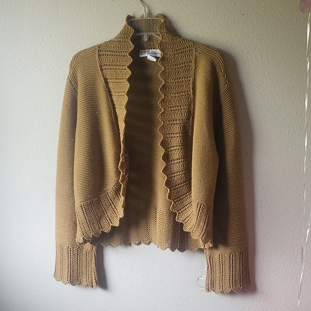 Dressbarn Tan Cardigan with High Collar and Scalloped Trim